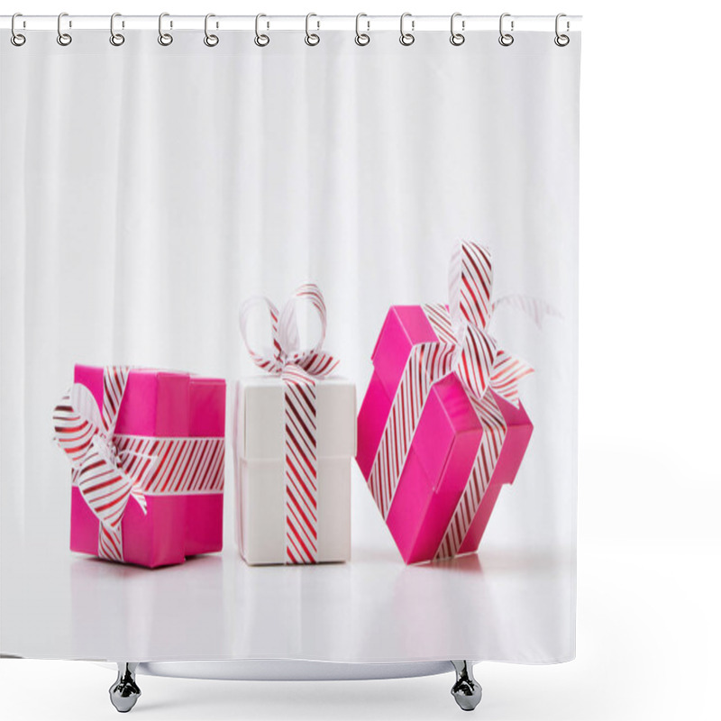 Personality  Pink And White Gift Boxes Tied With White Red Stripe Ribbon Shower Curtains