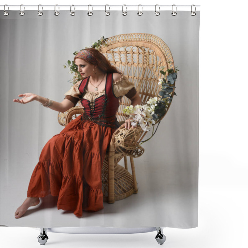 Personality  Full Length Portrait Of Beautiful Red Haired Woman Wearing A Medieval Maiden, Fortune Teller Costume.  Sitting Pose, With Gestural Hands Reaching Out. Isolated On Studio Background. Shower Curtains