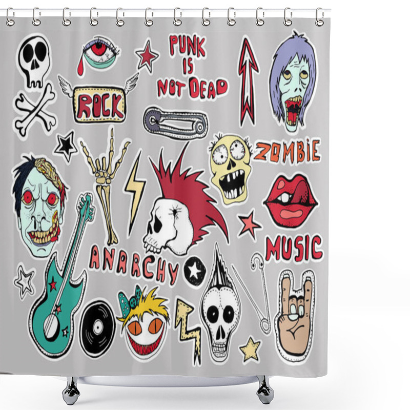 Personality  Cute  Patches And Stickers Collection. Punk Is Not Dead. Hand Drawn Sketches. Lips Skull Pins Guitar Stars Arrows Red Eyes Rock Symbols Zombies Scary Dead Man Vinyl Record Hand Written Tag Lines.  Shower Curtains