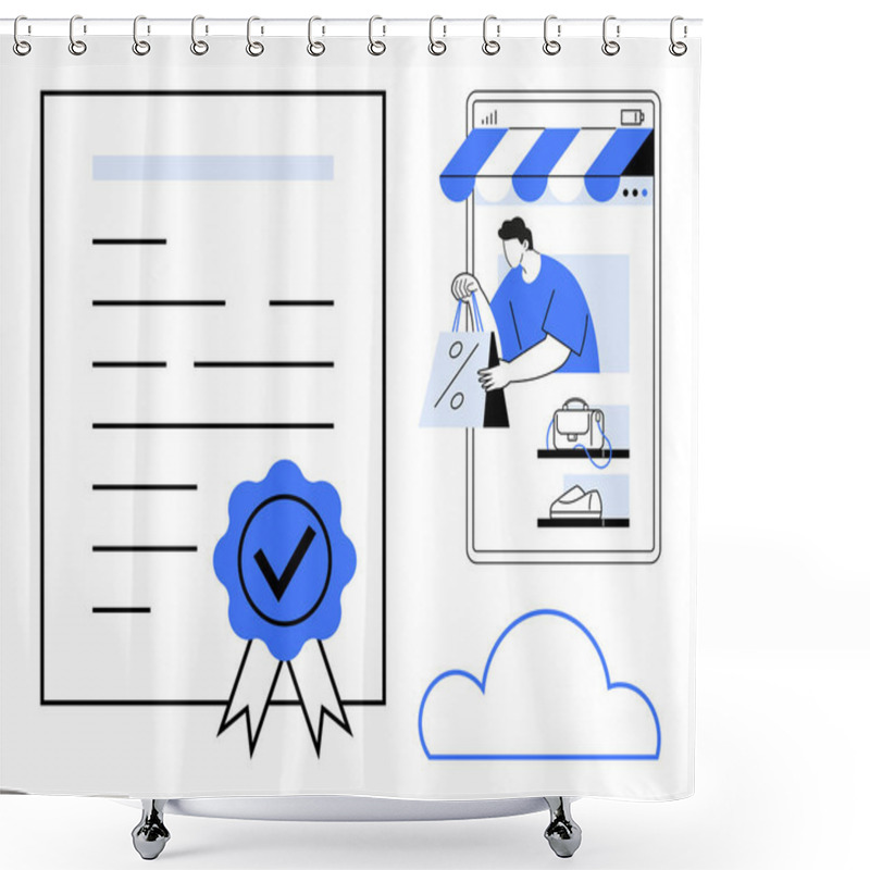 Personality  Digital Certificate With A Checkmark Ribbon, Mobile Device Displaying Online Shopping With A Person, Cloud Icon. Ideal For E-commerce, Data Security, Cloud Storage, Certification, Validation, Digital Shower Curtains