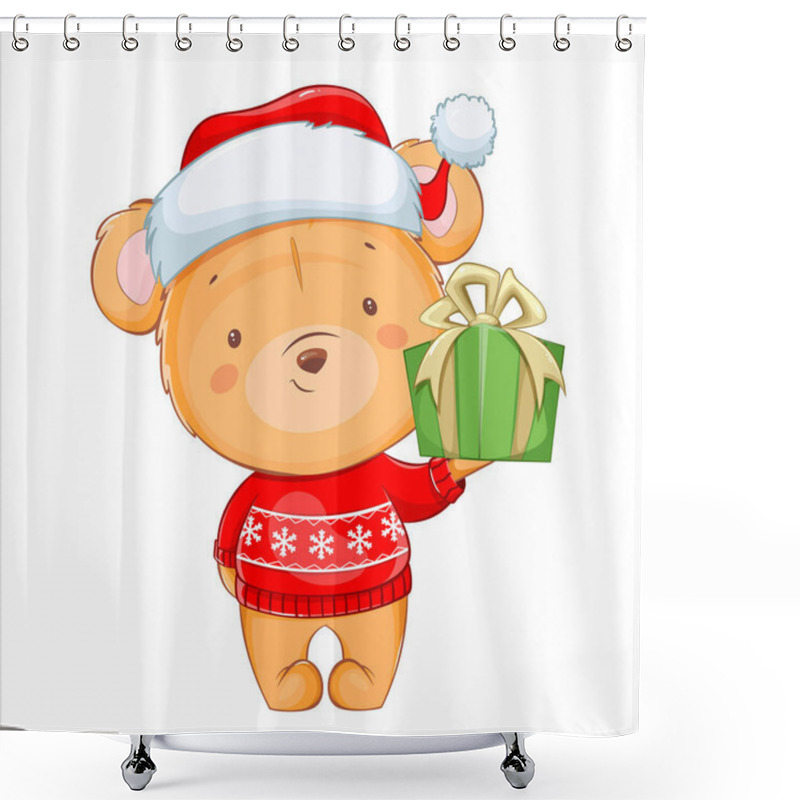 Personality  Merry Christmas. Funny Little Bear. Cute Cartoon Character Bear In Santa Hat Holding Gift Box. Stock Vector Illustration On White Background Shower Curtains