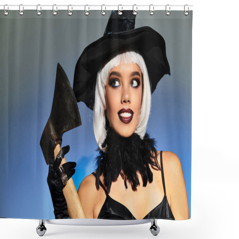 Personality  Dressed As A Witch, A Young Woman Holds An Axe, Exuding A Bewitching Charm At A Halloween Party. Shower Curtains