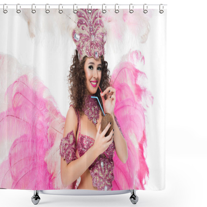 Personality  Woman In Carnival Costume Holding Coconut With Straws, Isolated On White  Shower Curtains