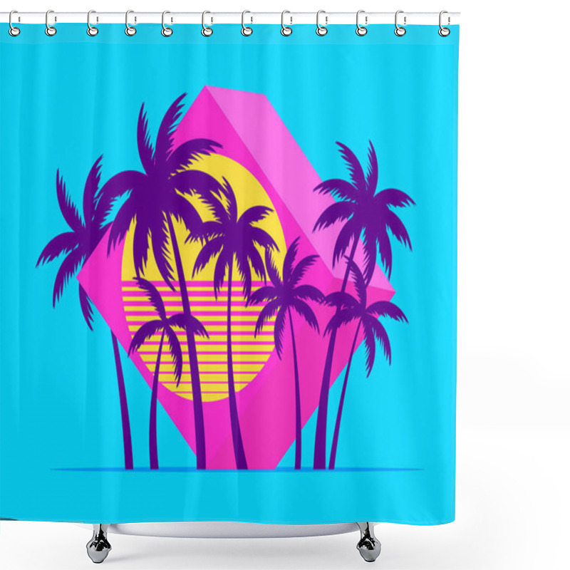 Personality  3d Cube With Palm Trees At Sunset In The Style Of The 80s. Futuristic Advertising Banner With Palm Trees In Virtual Reality, Metaverse. Synthwave And Retrowave Style. Vector Illustration Shower Curtains