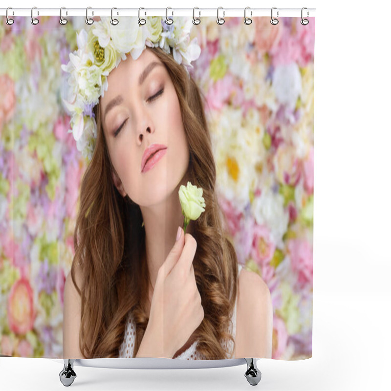 Personality  Sensual Young Woman In Floral Wreath With Blossoming Rose Bud Shower Curtains