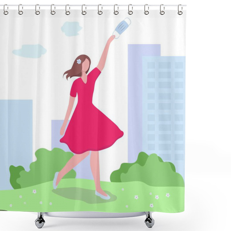 Personality  End Of Epidemic And Quarantine. Coronavirus Pandemic Is Over. Happy Girl Throwing Mask Away. Vector Illustration In Flat Style. Shower Curtains