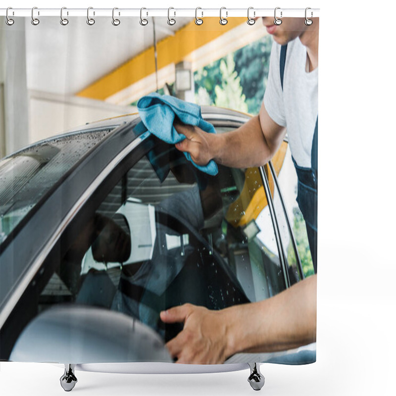 Personality  Selective Focus Of Car Cleaner Washing Car Window With Blue Rag  Shower Curtains