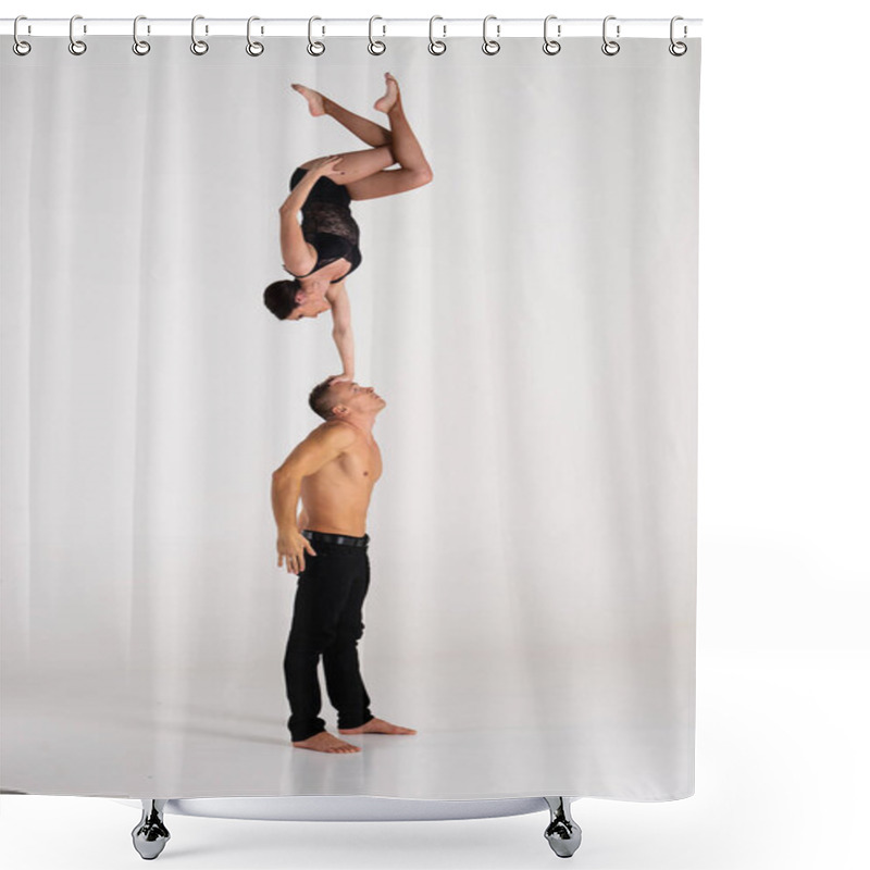 Personality  Duo Of Acrobats Showing Hand To Hand Trick, Isolated On White Shower Curtains