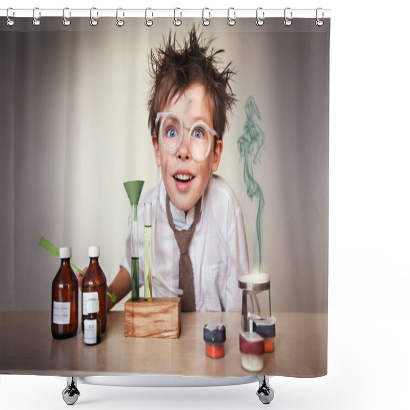 Personality  Crazy Scientist. Young Boy Performing Experiments Shower Curtains