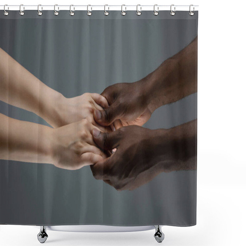 Personality  Racial Tolerance. Respect Social Unity. African And Caucasian Hands Gesturing Isolated On Gray Studio Background Shower Curtains