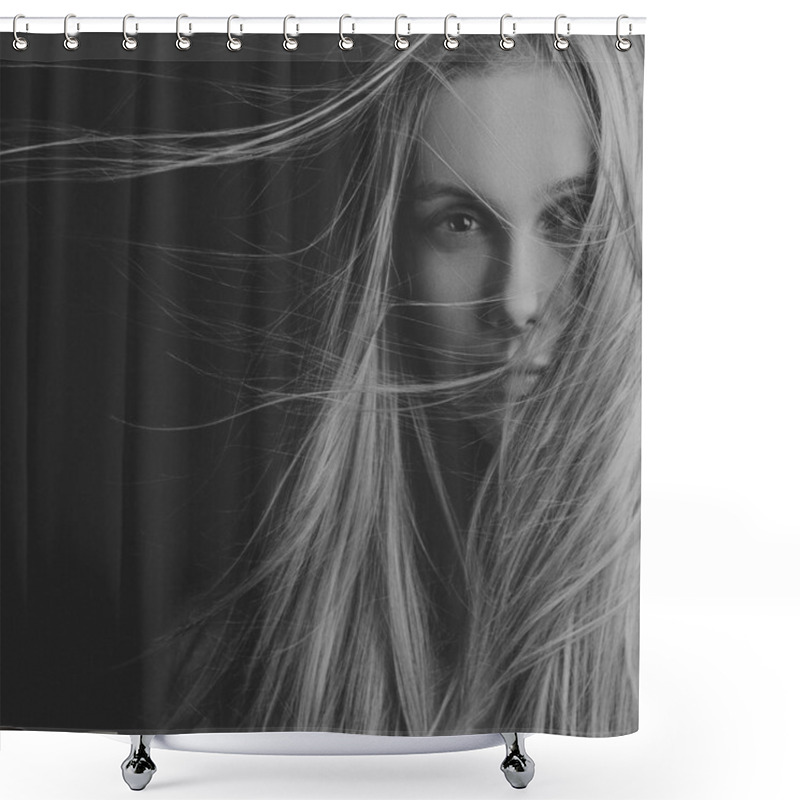 Personality  Dramatic Portrait Of A Girl Theme: Portrait Of A Beautiful Girl With Flying Hair In The Wind Against A Background In The Studio Shower Curtains