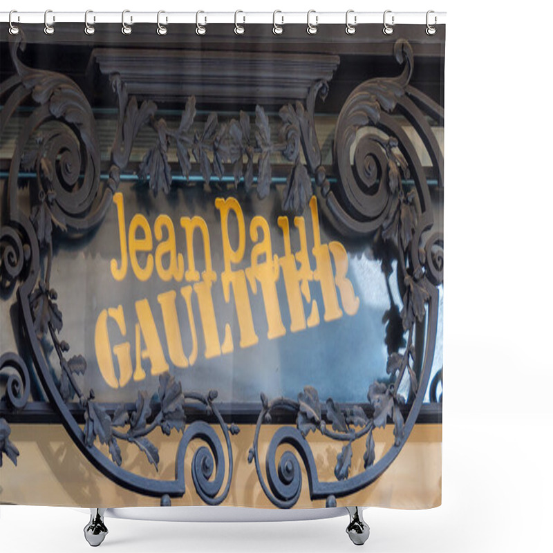 Personality  Paris, France - October 5, 2021: Logo At The Entrance Of The Building Of The Haute Couture House Jean-Paul Gaultier In Paris Shower Curtains