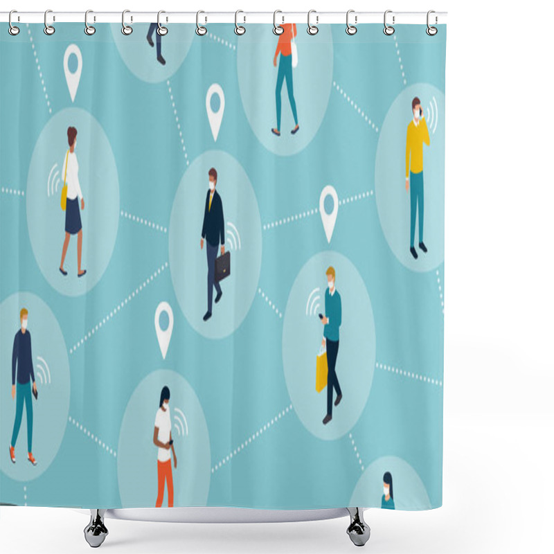 Personality  Tracking People's Location And Coronavirus Outbreak: Crowd Of People Keeping A Safe Distance And Being Located By A Tracker App Shower Curtains