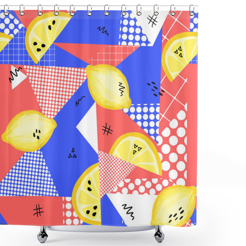 Personality  Lemons Pop Art Triangle Collage Seamless Background. Red, Blue, Yellow And White Contemporary Repeating Fruit Pattern With Hand Drawn Lemons And Lemon Halves. Modern Summer Print For Fabric, Packaging Shower Curtains