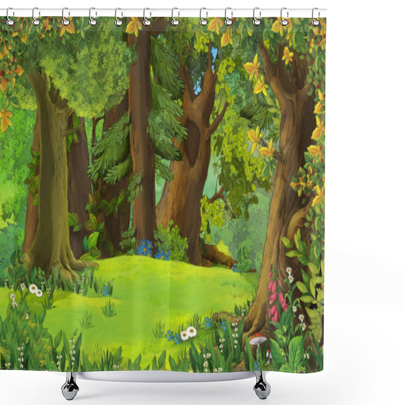 Personality  Cartoon Summer Scene With Meadow In The Forest Illustration For Children Shower Curtains