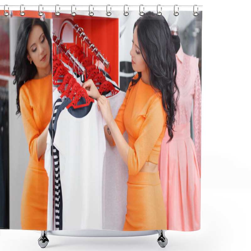 Personality  Beautiful Young Woman Shopping In A Clothing Store Shower Curtains