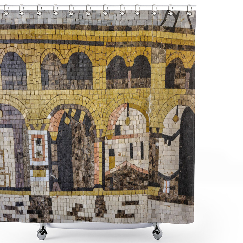 Personality  Detailed Roman Mosaic Displaying Intricate Architectural Designs With Arches. This Historical Artwork Captures The Elegance And Craftsmanship Of Ancient Roman Civilization, Emphasizing Geometry Shower Curtains