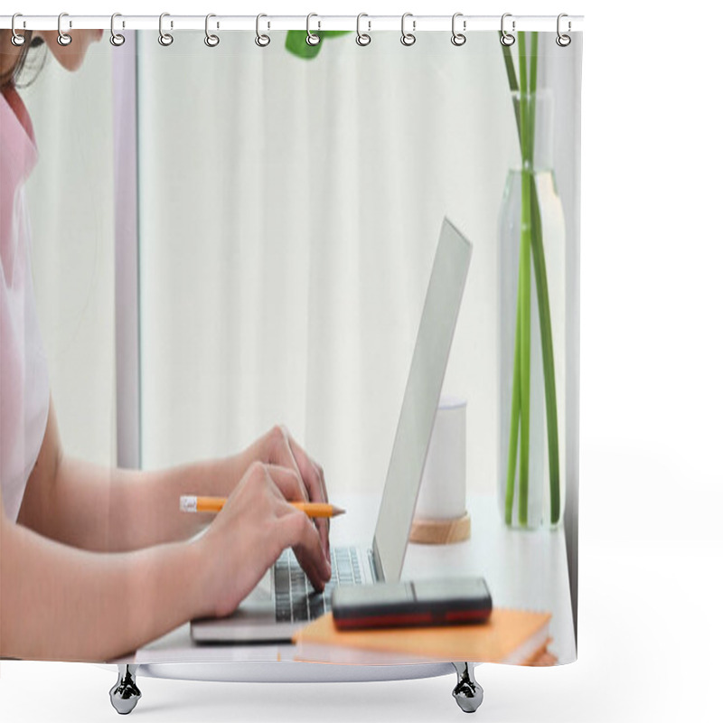 Personality  Cropped Image Of A Woman Is Working With A Computer Laptop At The White Working Desk. Shower Curtains