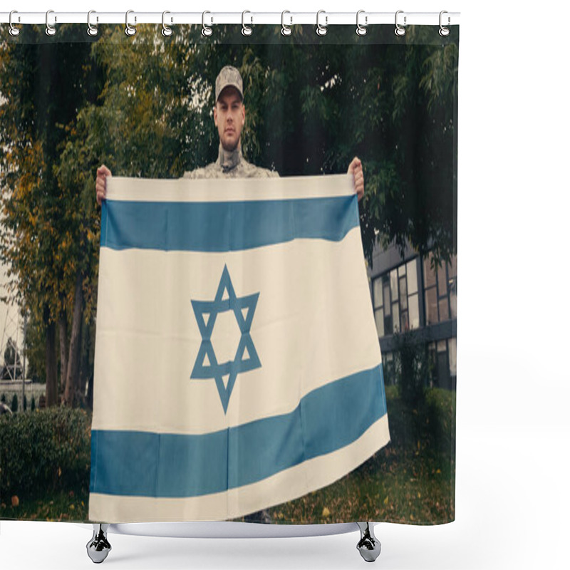 Personality  Young Soldier In Uniform And Cap Holding Flag Of Israel Outside Shower Curtains