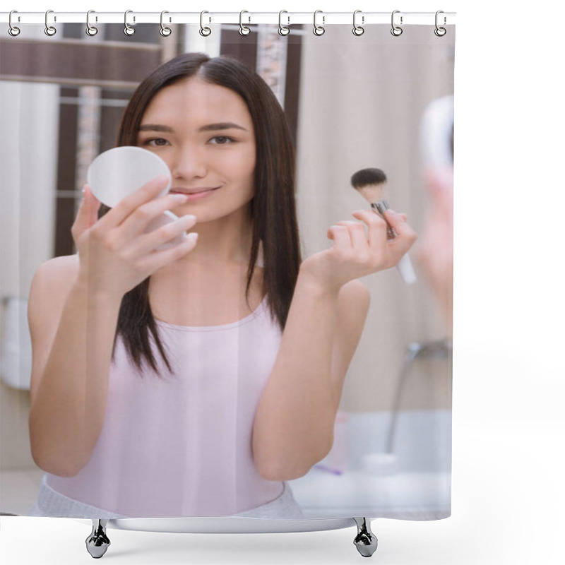 Personality  Asian Girl Holding Foundation Powder And Makeup Brush In Bathroom Shower Curtains