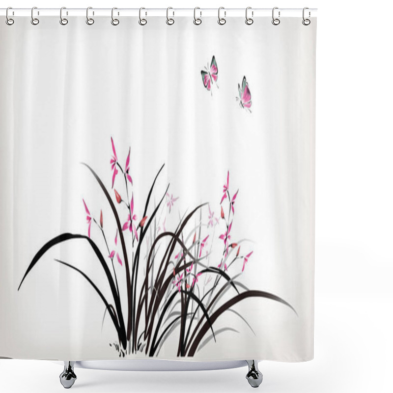 Personality  Chinese Painting Of Orchid And Butterfly In Ink Style Shower Curtains