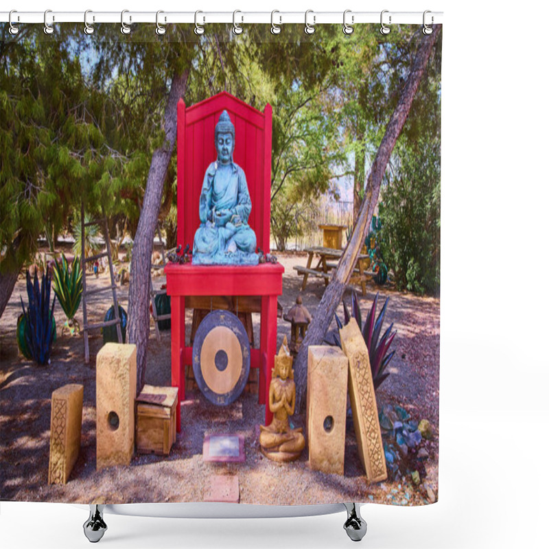 Personality  Serene Meditation Garden At Mount Charleston, Nevada, Featuring A Peaceful Buddha Statue On A Red Platform, Surrounded By Lush Greenery And A Large Gong, Perfect For Spiritual Retreats Or Quiet Shower Curtains