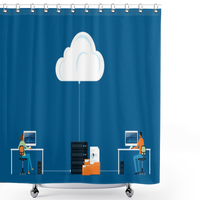 Personality  Flat Vector Business Technology Storage Cloud Computing Service Concept With Developer Team Working Concept Shower Curtains