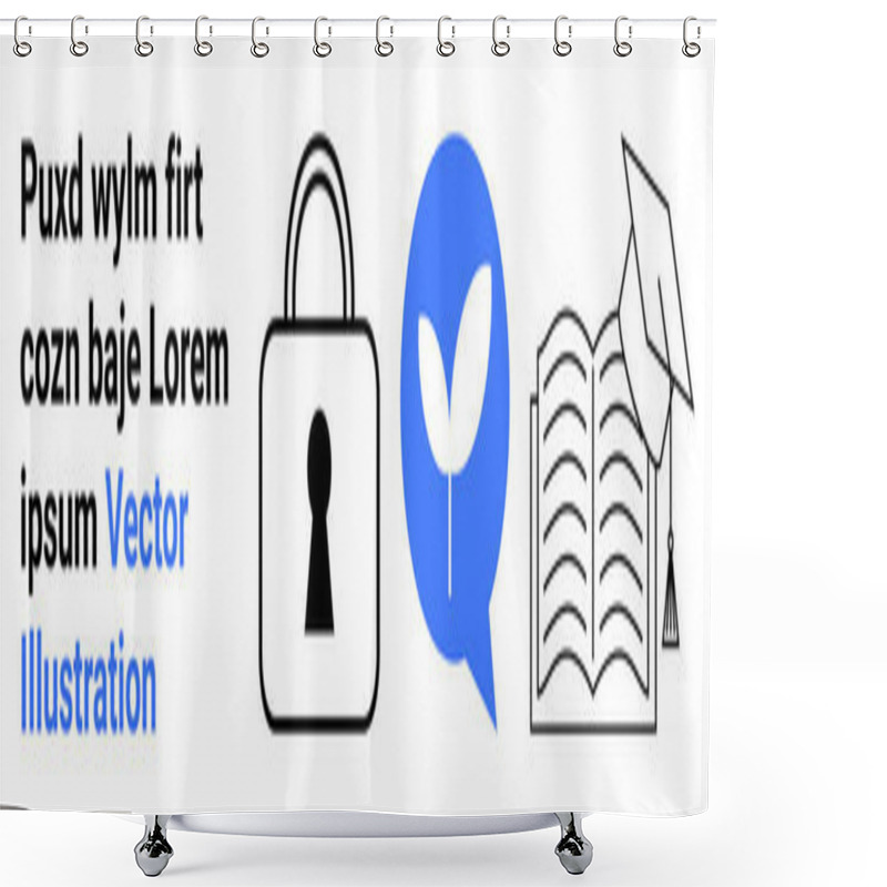 Personality  Padlock Indicating Security, Plant In Speech Bubble For Communication And Growth, Open Book With Graduation Hat Signifying Education. Ideal For Online Courses, ELearning, Data Protection, Academic Shower Curtains