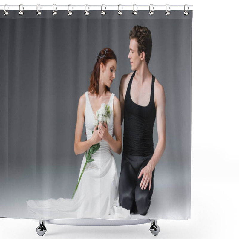 Personality  Graceful Ballerina In White Dress Holding Flowers And Standing On Knees With Partner On Dark Grey Shower Curtains