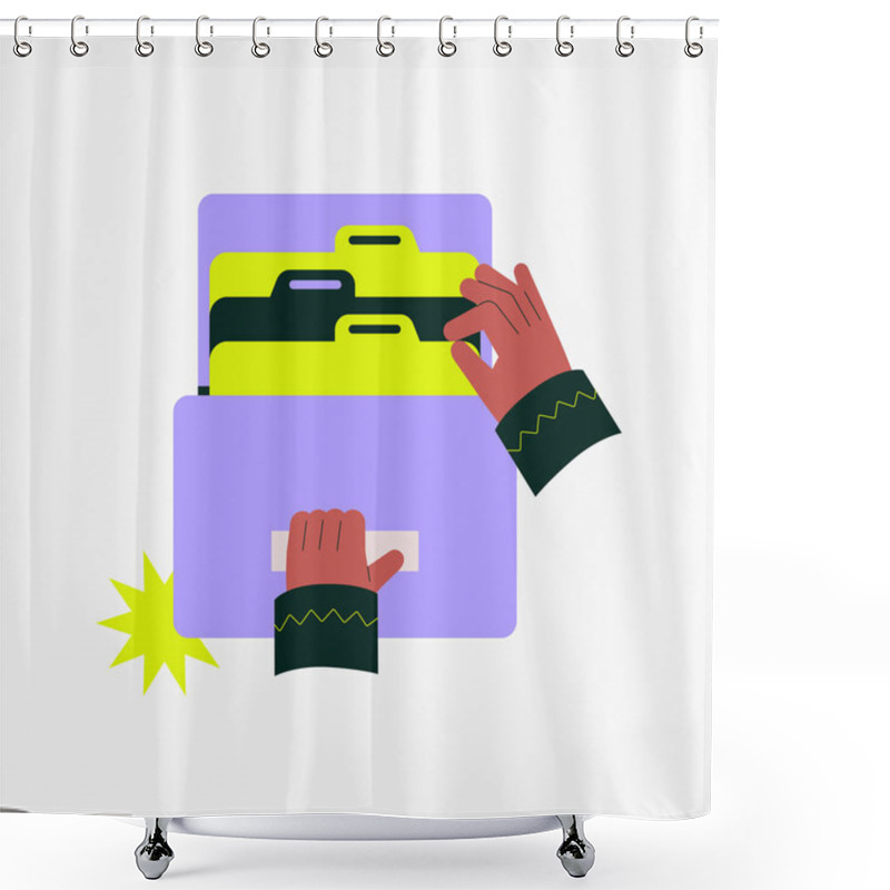 Personality  Hands Accessing Files In A Drawer, Representing Document Organization, Data Storage, Business File Management, And Data Folder. Symbolizes Office Tasks And Paperwork Organization. Shower Curtains