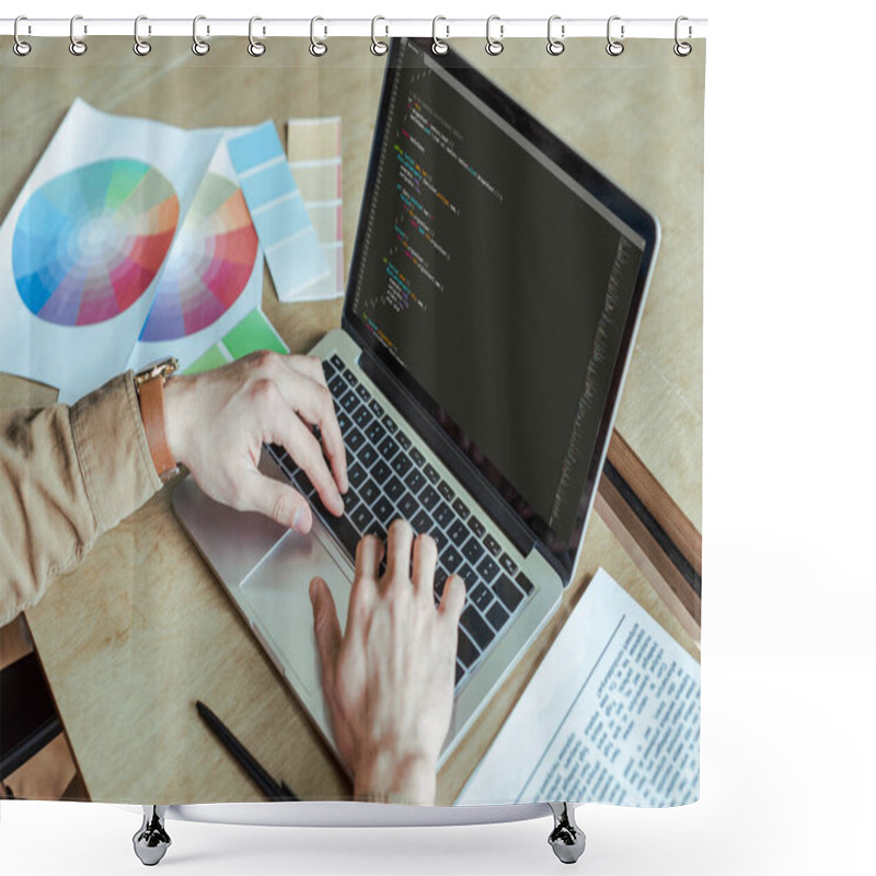 Personality  Cropped View Of Developer Working With Laptop Near Newspaper, Pen And Papers At Table In Coworking Space Shower Curtains