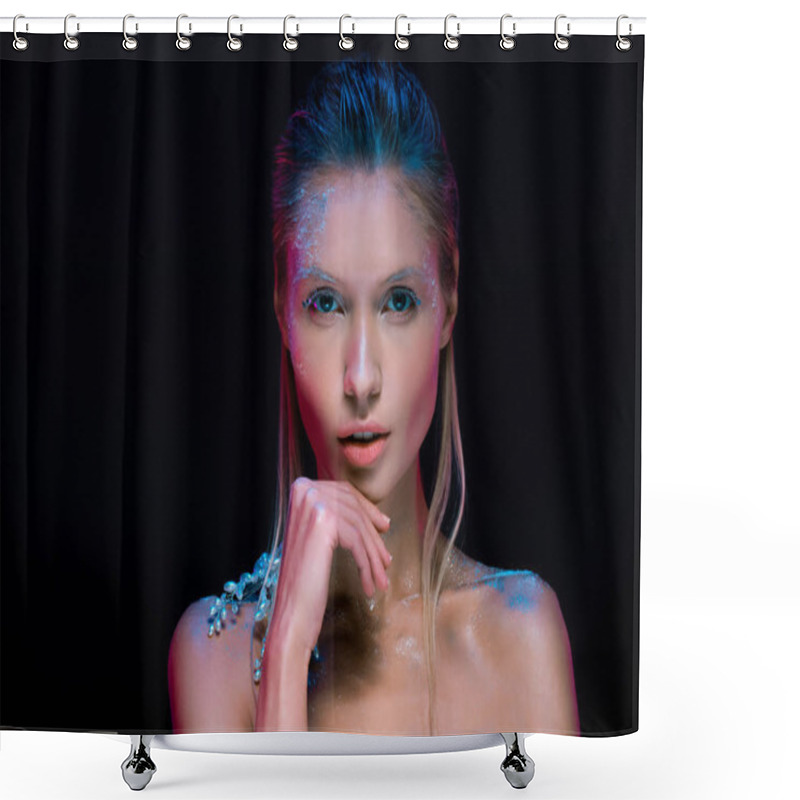 Personality  Attractive Young Winter Queen Looking At Camera Isolated On Black Shower Curtains