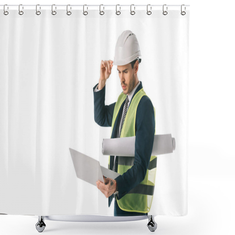 Personality  Male Engineer In Hardhat And Safety Vest Holding Blueprint And Using Laptop, Isolated On White Shower Curtains