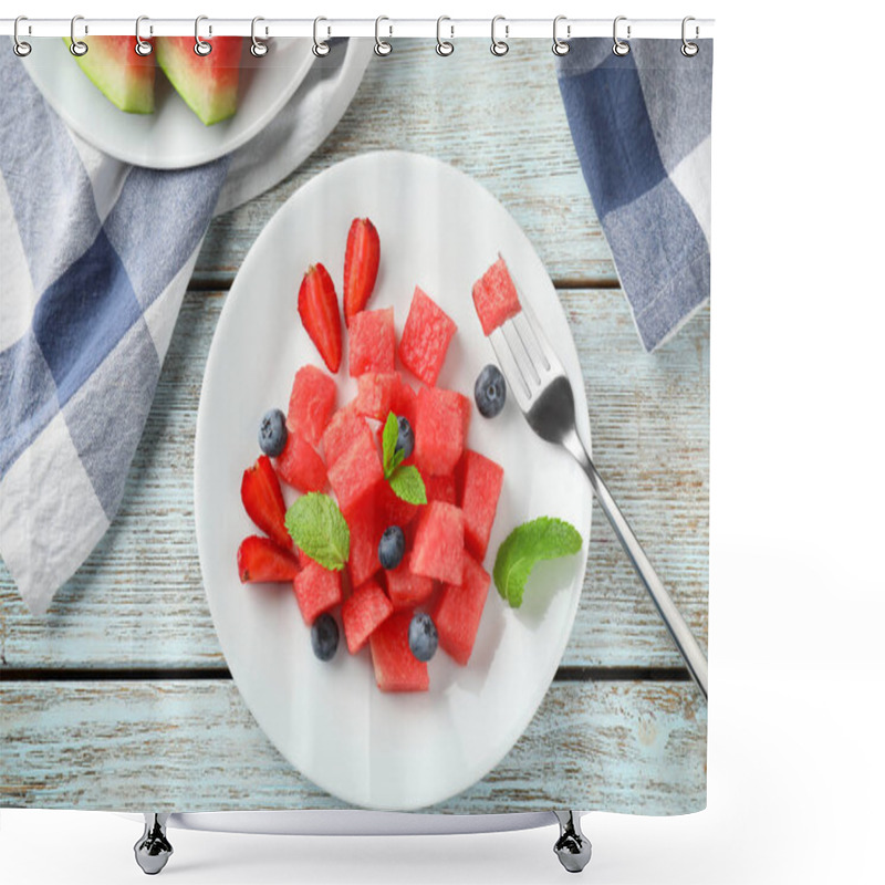 Personality  Plate With Sweet Watermelon Slices And Blueberries On Wooden Table Shower Curtains