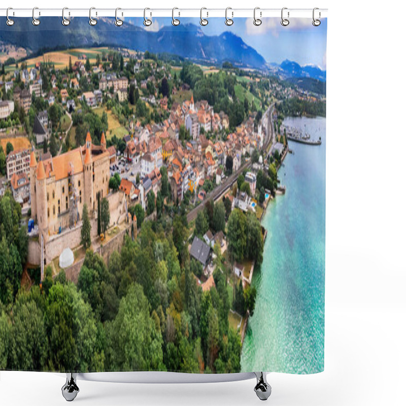 Personality  Switzerland Travel And Landmarks. Lake Neuchatel, Aerial Drone View Of Grandson Historic Town And Medieval Castle. Canton Vaud Shower Curtains