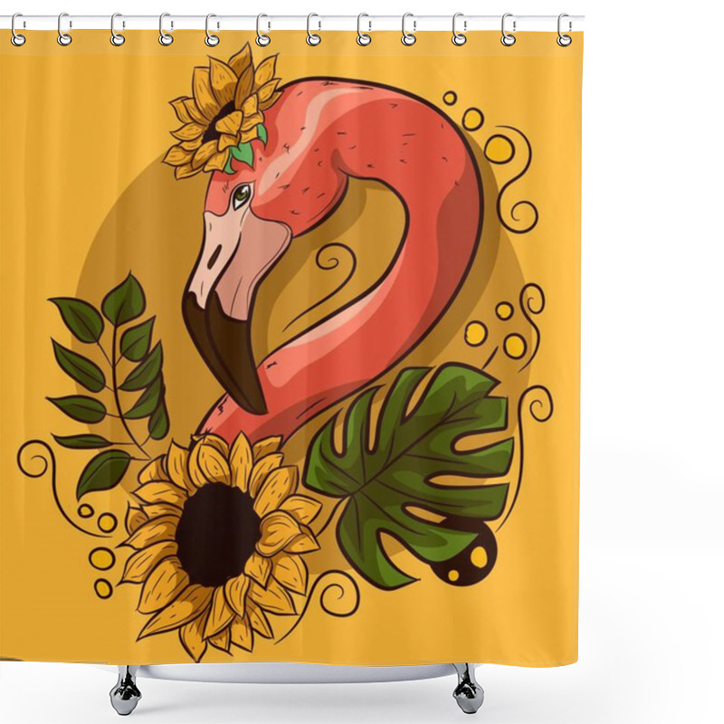 Personality  Floral Vectorial Drawing With A Flamingo Neck With Flowers. Exotic Bird With Palm Monstera Leaves And Yellow Sunflowers. Shower Curtains