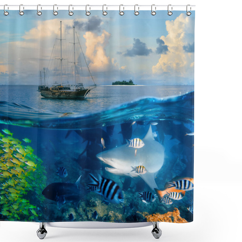 Personality  Ocean Seascape With Wooden Yacht And Big Bull Shark Shower Curtains