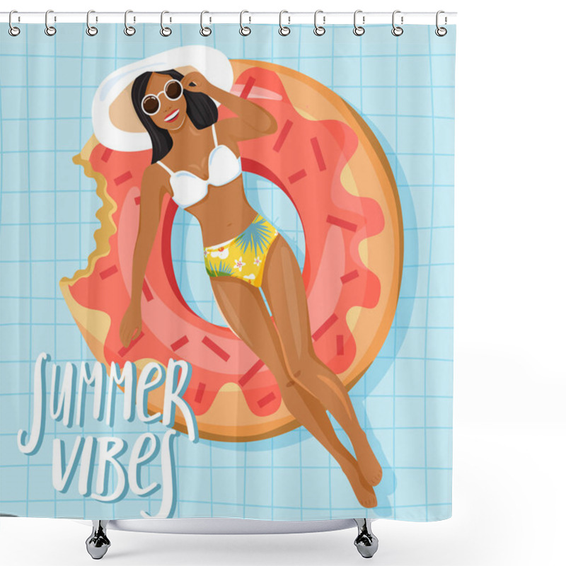 Personality  Woman Floating On Inflatable Ring In The Shape Of Donut In Swimming Pool.  Shower Curtains