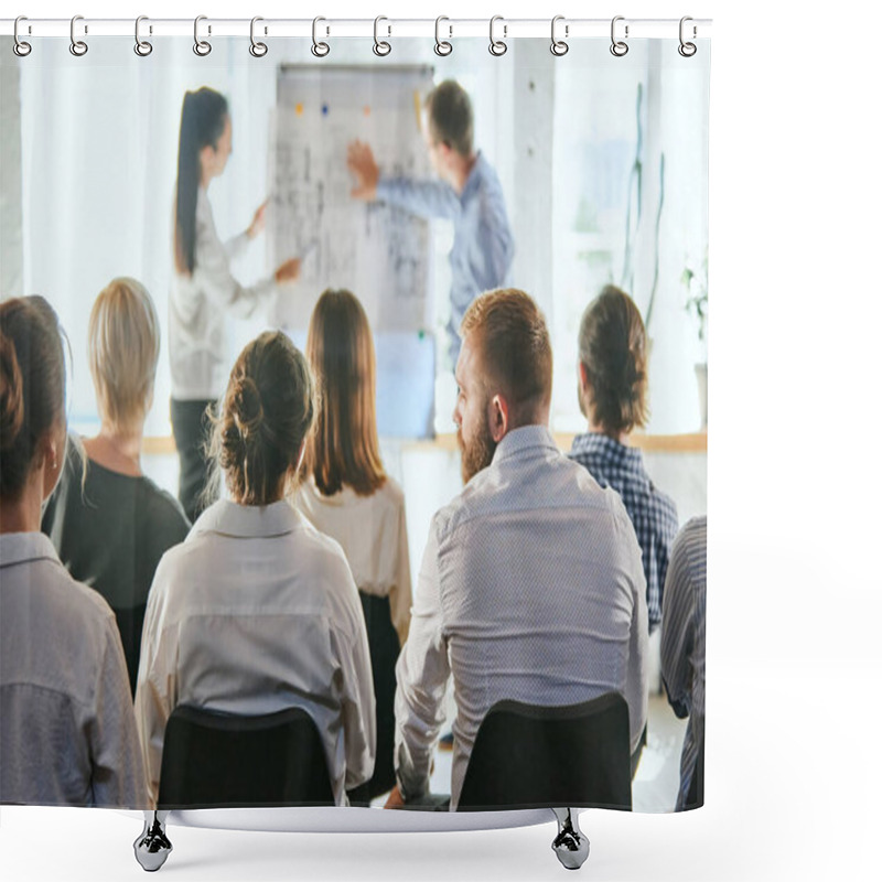 Personality  Business And Entrepreneurship Symposium. Speakers Giving Talk At Business Meeting. Rear View Of Unrecognized Participant In Audience. Training, Planning, Learning, Coaching, Business Concept Shower Curtains