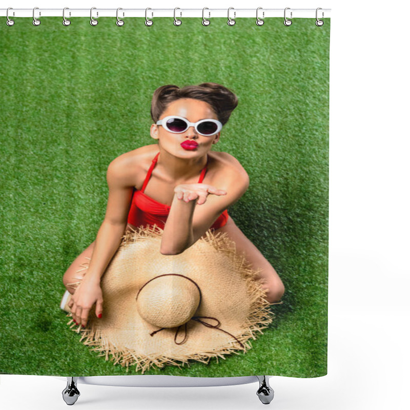 Personality  Overhead View Of Stylish Young Woman In Swimming Suit With Straw Hat Blowing Kiss On Green Grass Shower Curtains