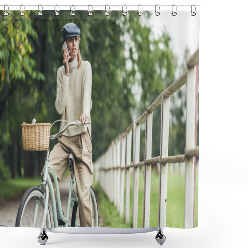 Personality  Woman With Smartphone On Bicycle  Shower Curtains