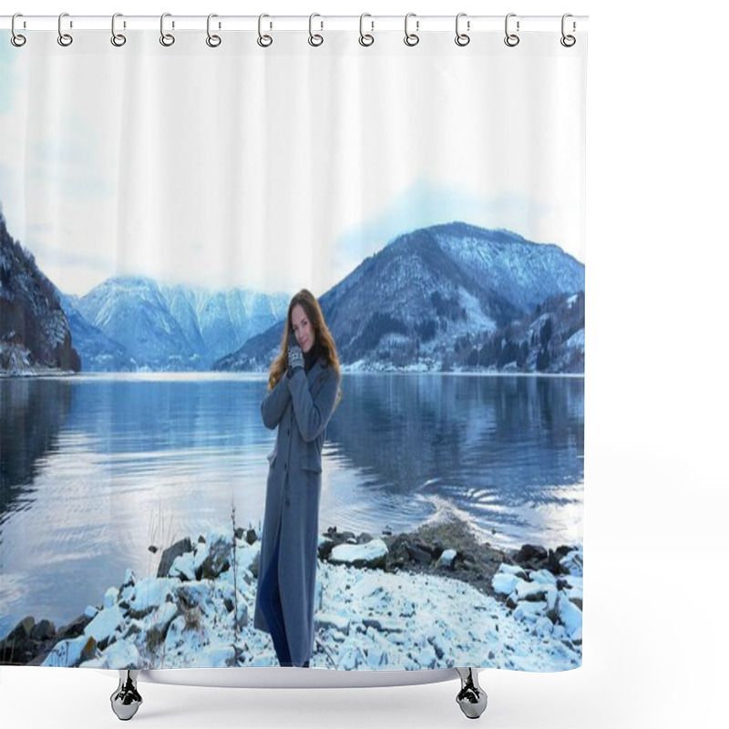 Personality  Young Woman Standing By A Serene Snow-covered Lake In Gaupne, Norway, Surrounded By Mountains, Enjoying The Peaceful Winter Landscape Shower Curtains