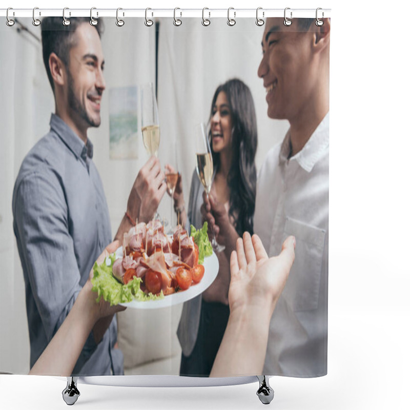 Personality  Woman Treating Friends With Snacks At Party Shower Curtains