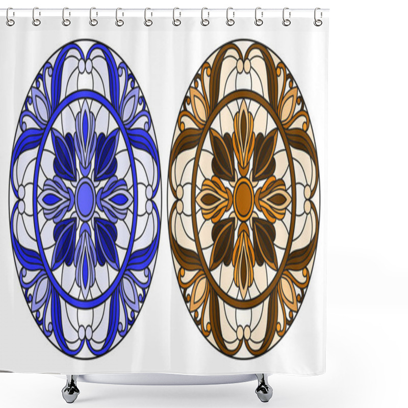 Personality  Set Of Illustrations In Stained Glass Style With Round Floral Arrangements, Blue And Brown Tone Shower Curtains