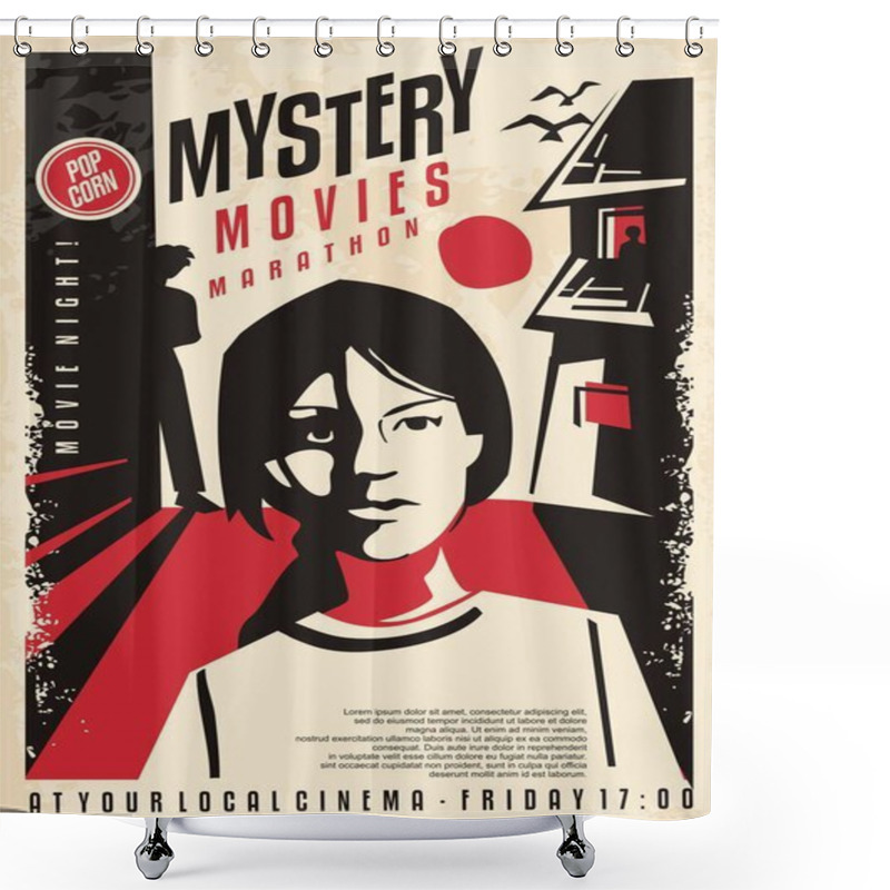 Personality  Girl Followed By Mysterious People Artistic Poster Concept For Cinema Event. Mystery Movies Retro Flyer Design. Vector Book Cover Idea. Shower Curtains