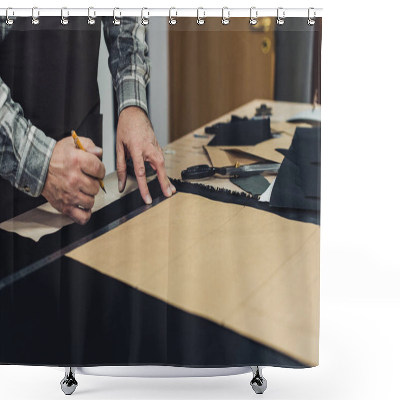 Personality  Partial View Of Handbag Craftsman Making Measurements By Pencil And Ruler In Studio Shower Curtains