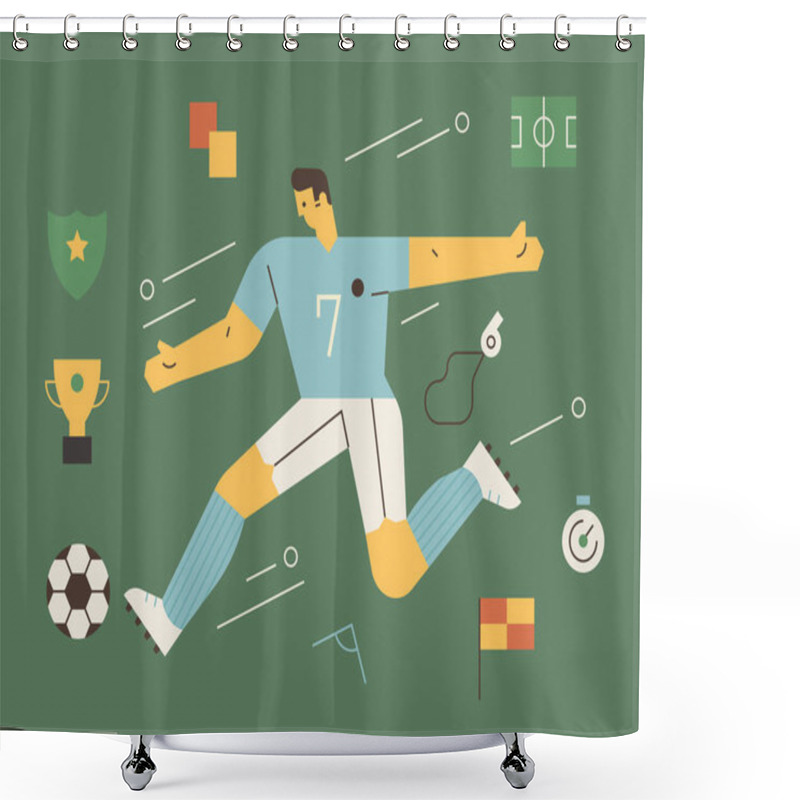 Personality  Soccer Player Character And Soccer Equipment Composition Set. Flat Design Style Minimal Vector Illustration. Shower Curtains