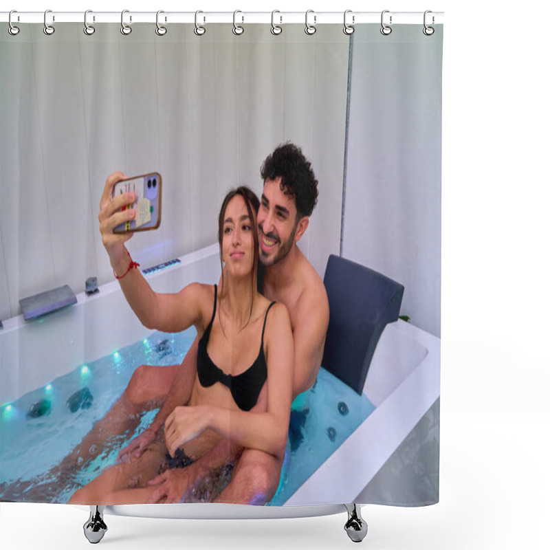 Personality  Couple Taking A Selfie Together In Spa Jacuzzi Shower Curtains