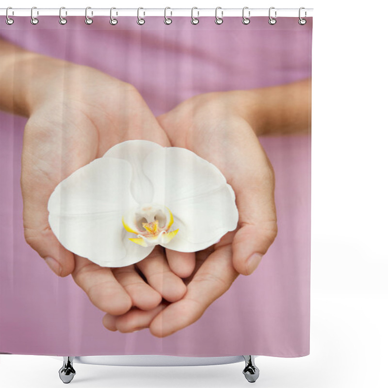 Personality  Woman Hands Holding An Orchid Flower Shower Curtains