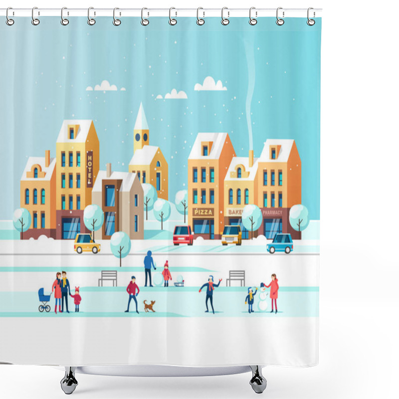 Personality  Snowy City. Urban Winter Landscape With People In Park. Vector Illustration. Shower Curtains